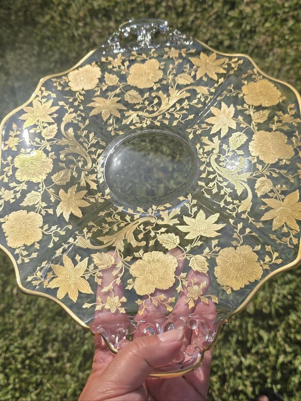 Vintage 1930s Cambridge Glass Wildflower Gold Encrusted 2-Handled Platter
